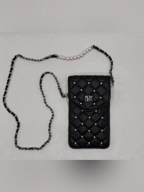 Badgley Mischka Black Quilted Crossbody with Pearl-Accent Chain